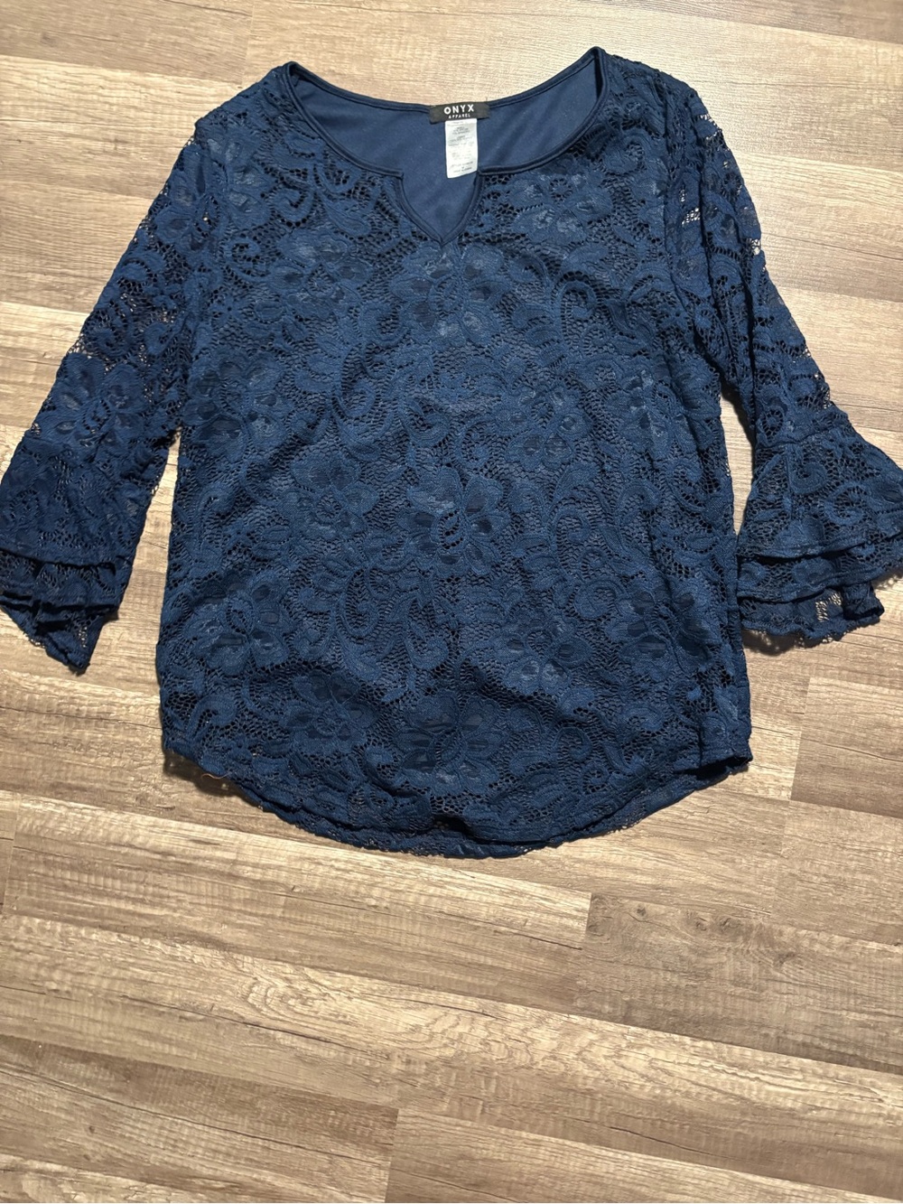 Onyx Navy Floral Lace Bell-Sleeve Blouse